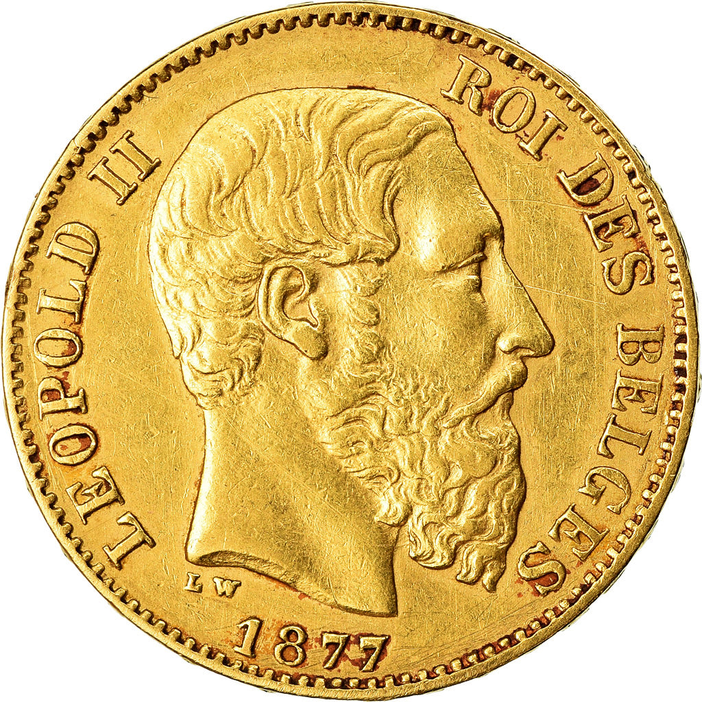 Moneta, Belgia, Leopold II, 20 Francs, 20 Frank, 1877, AU(55-58), Złoto, KM:37