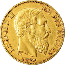 Moneta, Belgia, Leopold II, 20 Francs, 20 Frank, 1877, AU(55-58), Złoto, KM:37