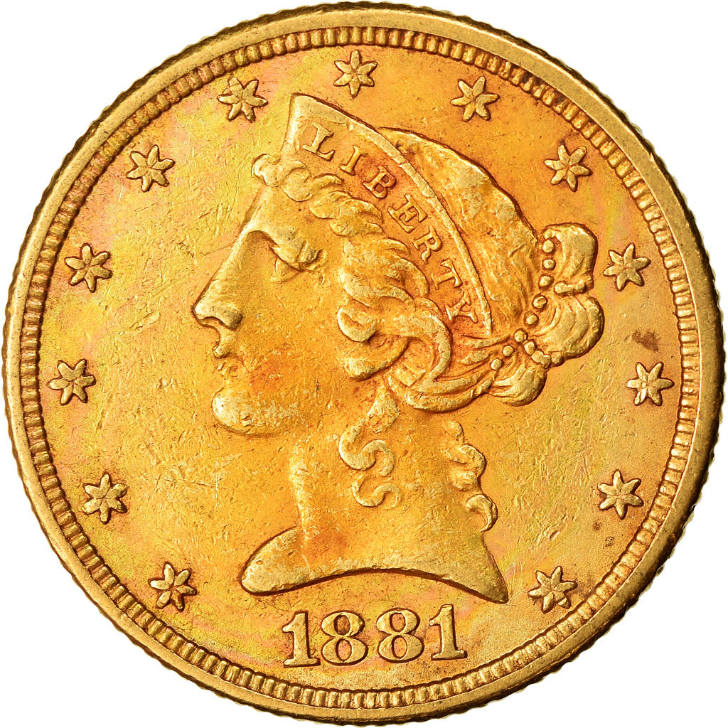 Moneta, USA, Coronet Head, $5, Half Eagle, 1881, U.S. Mint, Philadelphia