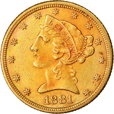Moneta, USA, Coronet Head, $5, Half Eagle, 1881, U.S. Mint, Philadelphia