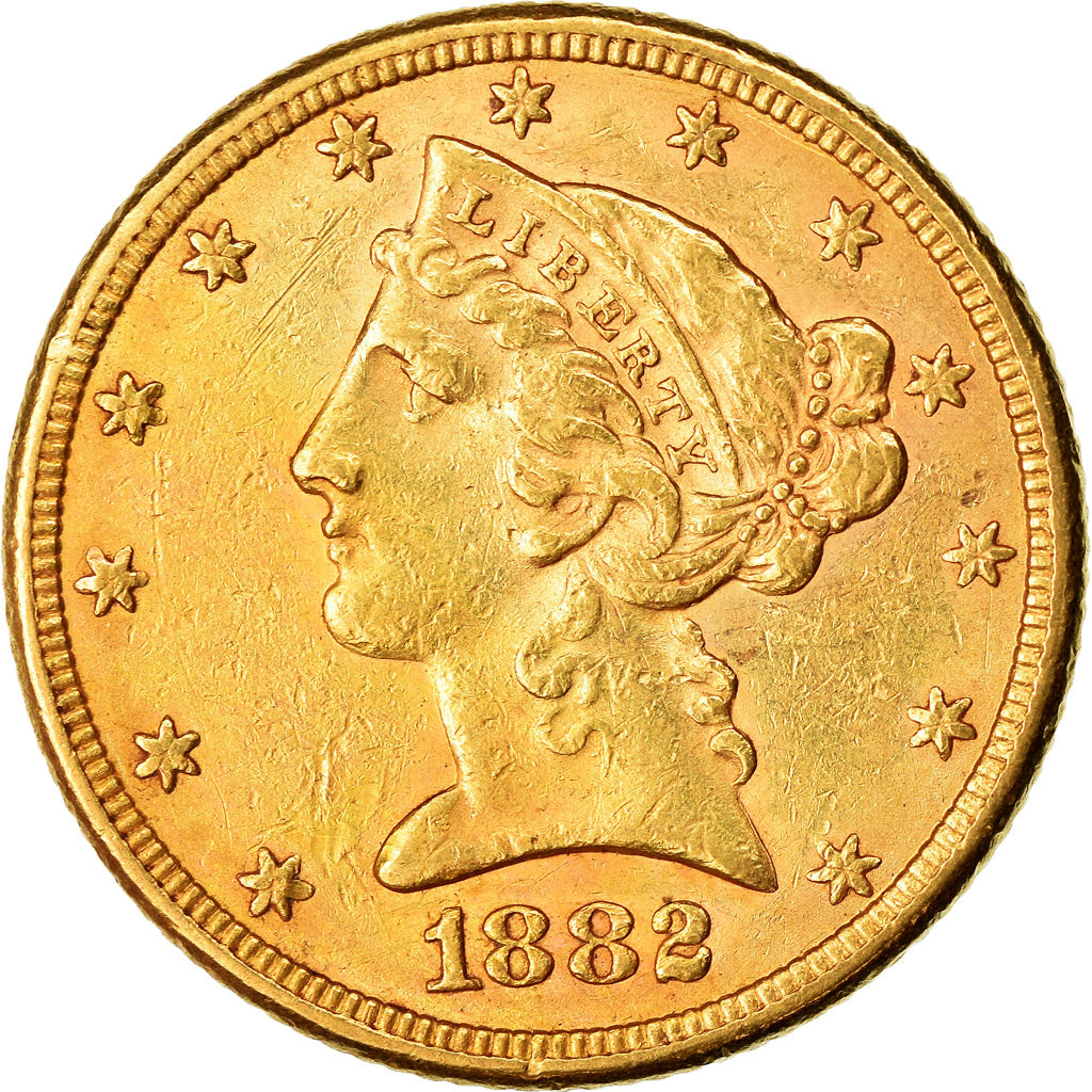 Moneta, USA, Coronet Head, $5, Half Eagle, 1882, U.S. Mint, Philadelphia