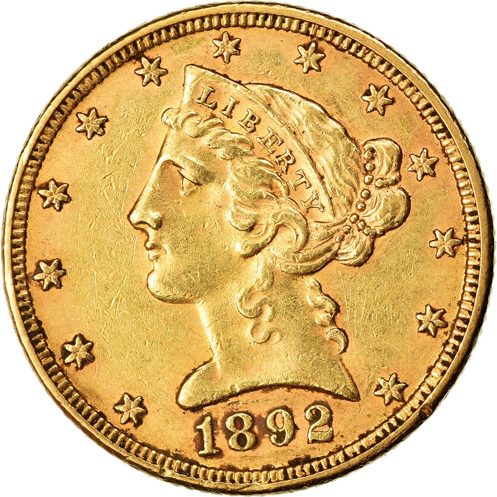 Moneta, USA, Coronet Head, $5, Half Eagle, 1892, U.S. Mint, Philadelphia