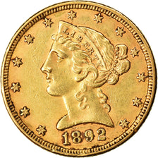 Moneta, USA, Coronet Head, $5, Half Eagle, 1892, U.S. Mint, Philadelphia