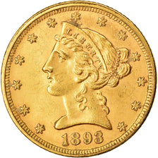 Moeda, Estados Unidos da América, Coronet Head, $5, Half Eagle, 1893, U.S.