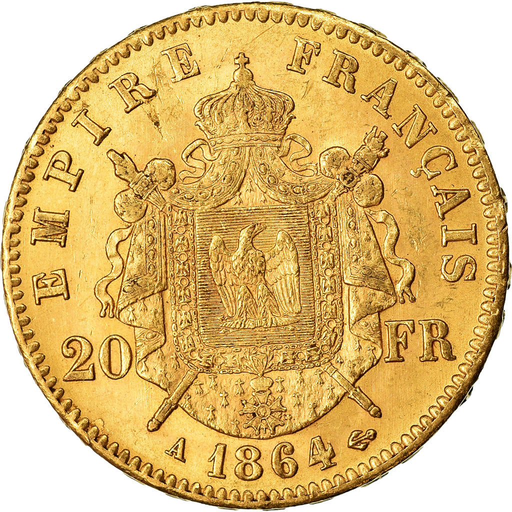 Coin, France, Napoleon III, Napoléon III, 20 Francs, 1864, Paris, MS(60-62)