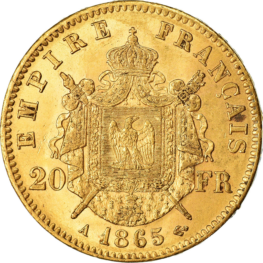 Moeda, França, Napoleon III, 20 Francs, 1865, Paris, MS(60-62), Dourado