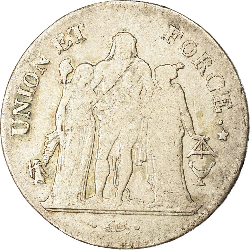 Moneta, Francia, Union et Force, 5 Francs, An 10, Bordeaux, MB, Argento