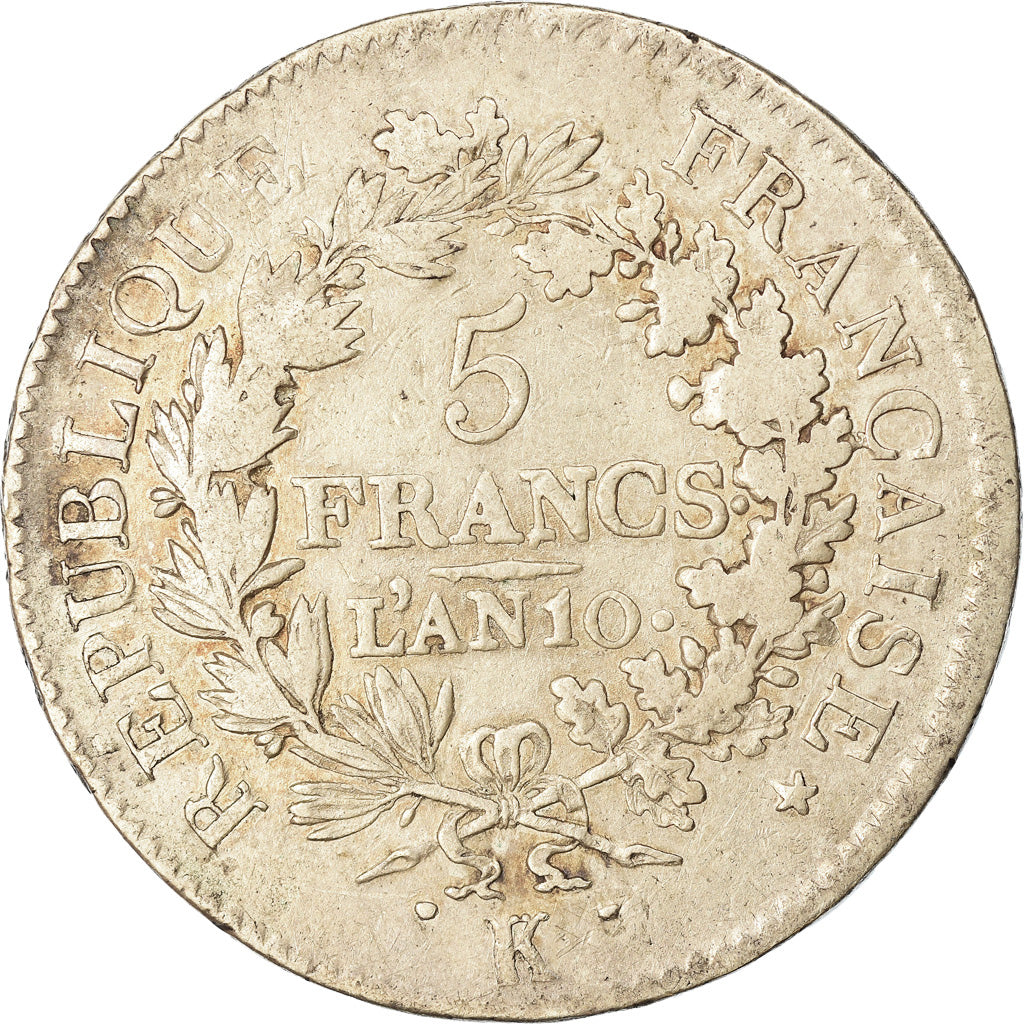 Moneta, Francia, Union et Force, 5 Francs, An 10, Bordeaux, MB, Argento