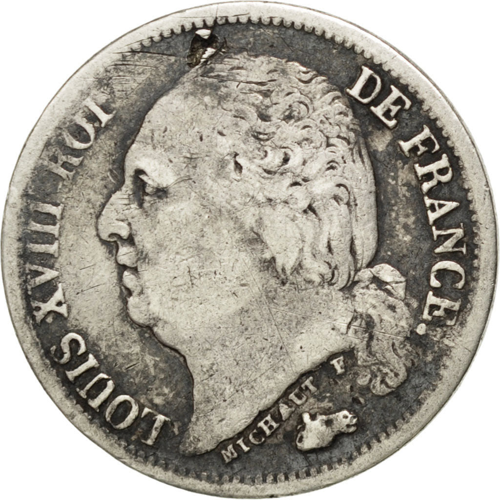 FRANCE, Louis XVIII, 1/2 Franc, 1824, Paris, KM #708.1, VF(20-25), Silver,...
