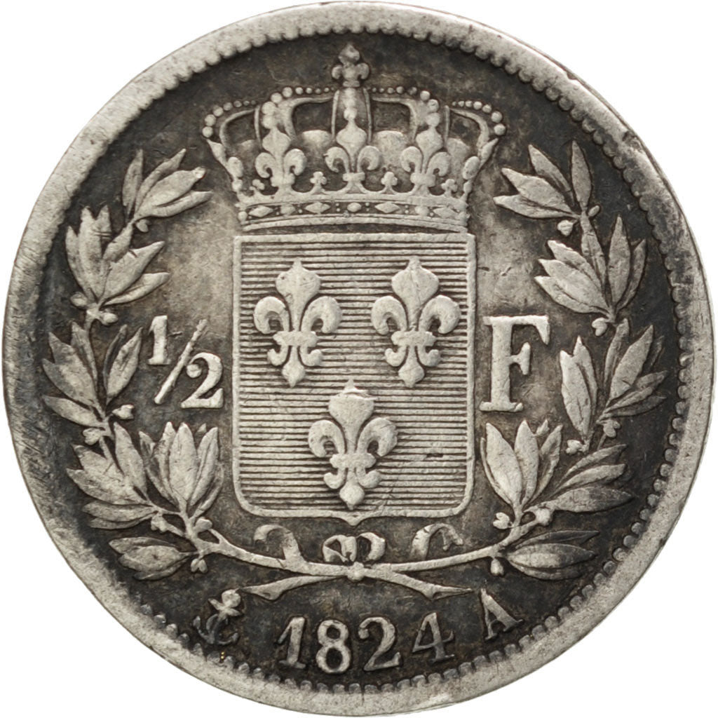 FRANCE, Louis XVIII, 1/2 Franc, 1824, Paris, KM #708.1, VF(20-25), Silver,...