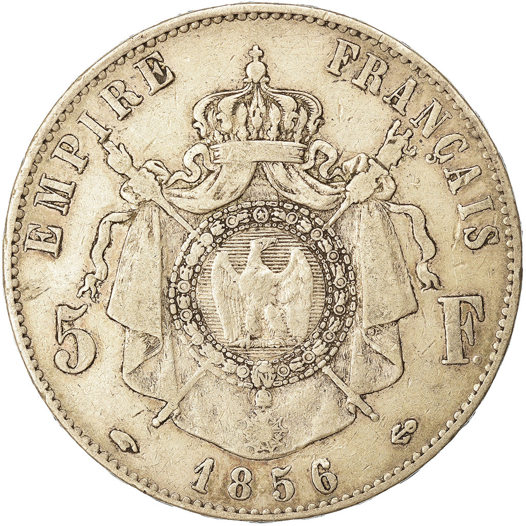 Moneda, Francia, Napoleon III, Napoléon III, 5 Francs, 1856, Paris, BC+, Plata