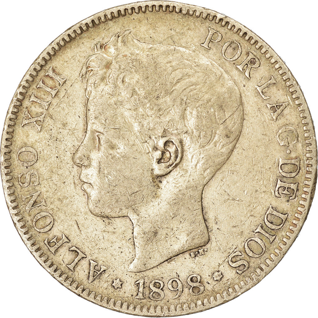 Moneta, Spagna, Alfonso XIII, 5 Pesetas, 1898, Madrid, MB, Argento, KM:707