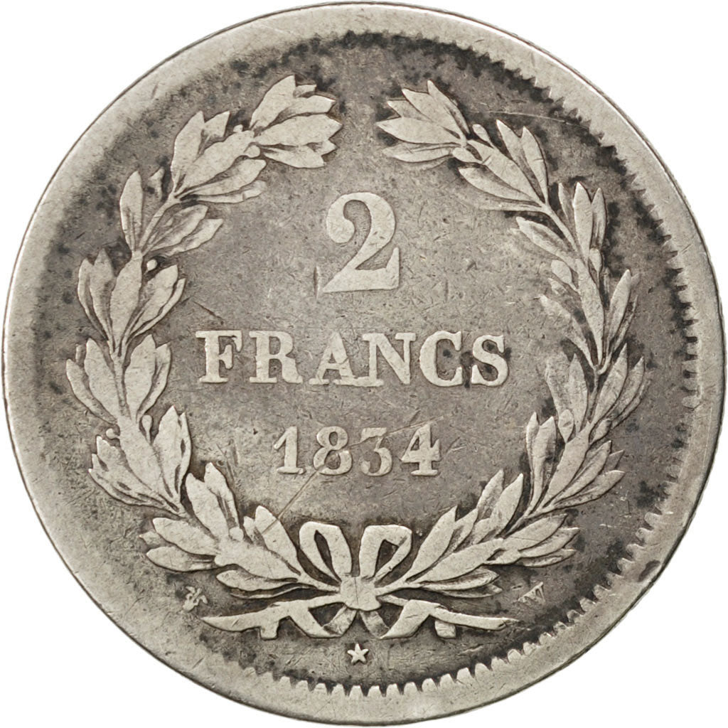 Coin, France, Louis-Philippe, 2 Francs, 1834, Lille, VF(20-25), Silver