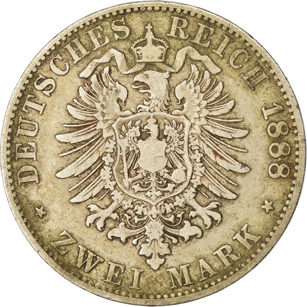 Coin, German States, BAVARIA, Otto, 2 Mark, 1888, Munich, Rare, VF(20-25)