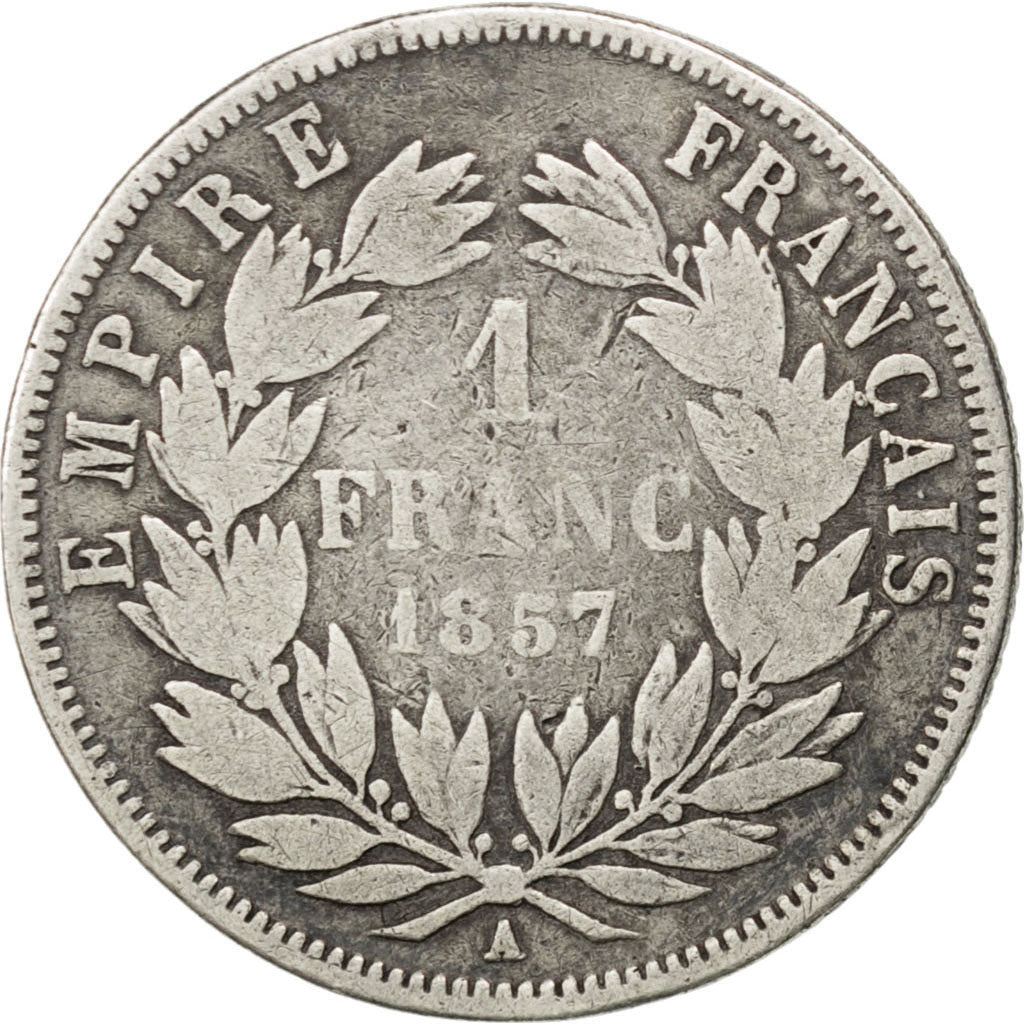 FRANCE, Napoléon III, Franc, 1857, Paris, KM #779.1, VG(8-10), Silver, Gadoury #