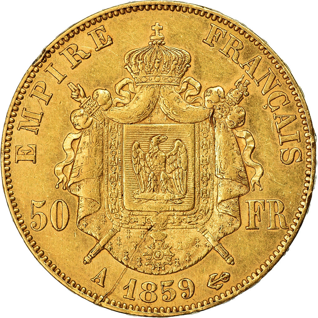 Moneta, Francia, Napoleon III, Napoléon III, 50 Francs, 1859, Paris, BB, Oro