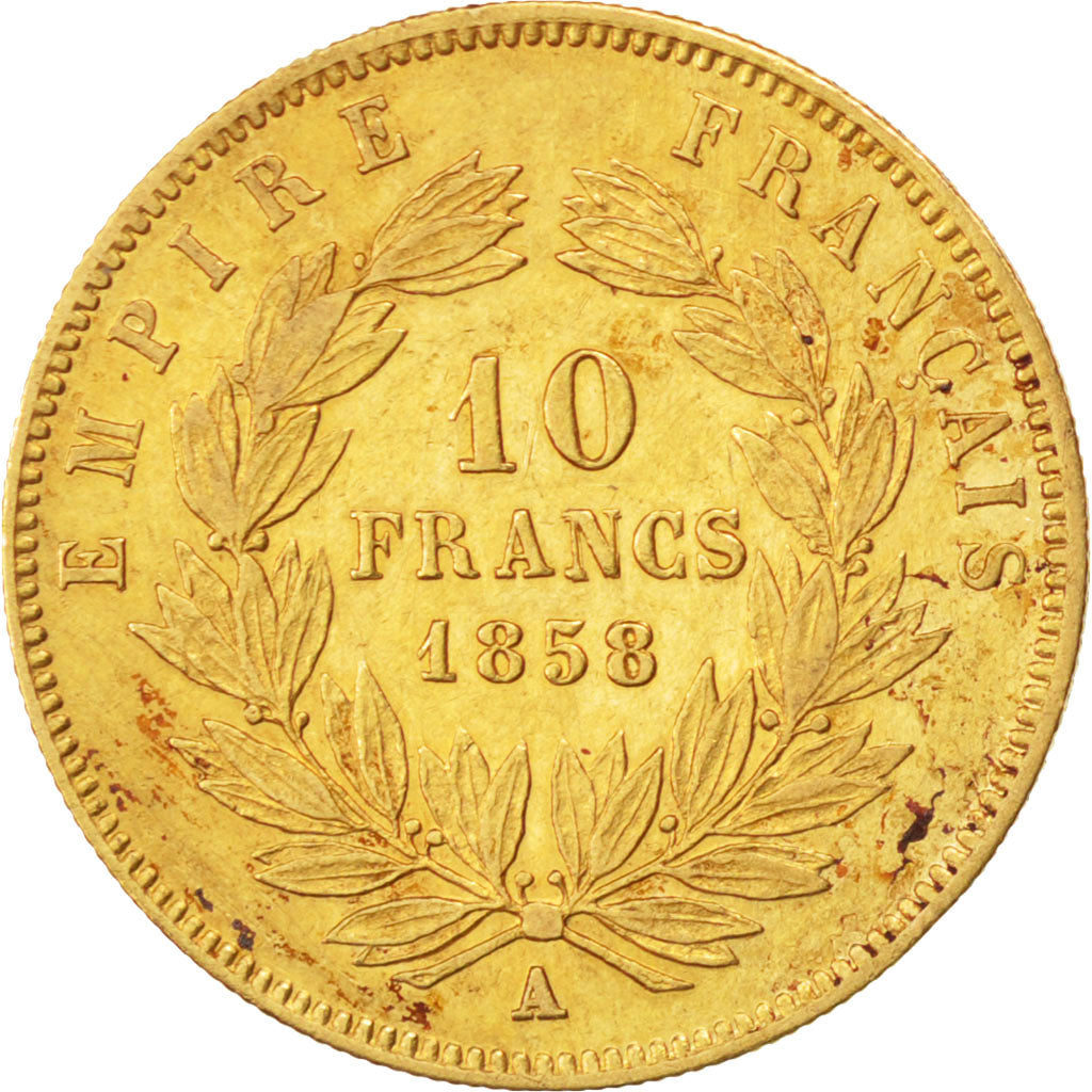 FRANCE, Napoléon III, 10 Francs, 1858, Paris, KM #784.3, VF(30-35), Gold, Gadour