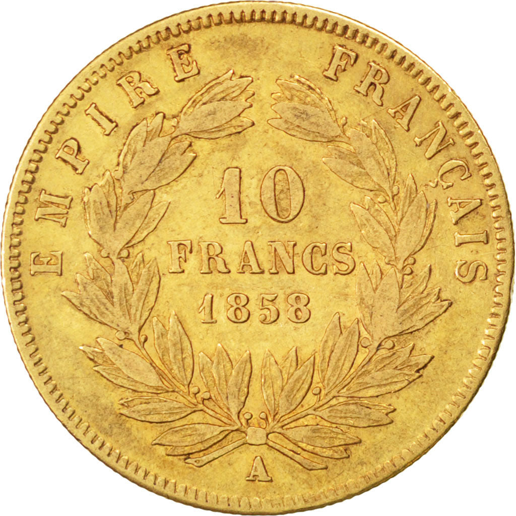 FRANCE, Napoléon III, 10 Francs, 1858, Paris, KM #784.3, VF(30-35), Gold, Gadour