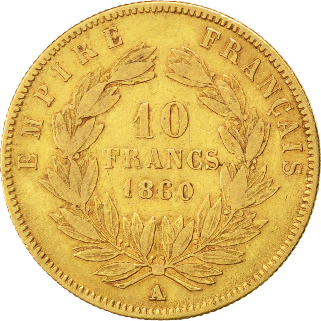 FRANCE, Napoléon III, 10 Francs, 1860, Paris, KM #784.3, VF(20-25), Gold, Gadour