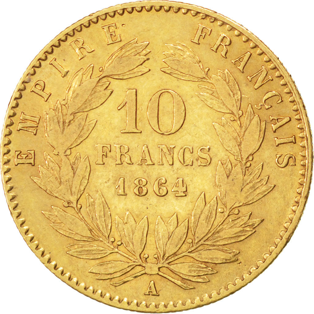 Second Empire, 10 Francs Or Napoléon III, tête laurée, 1864 A, KM 800.1