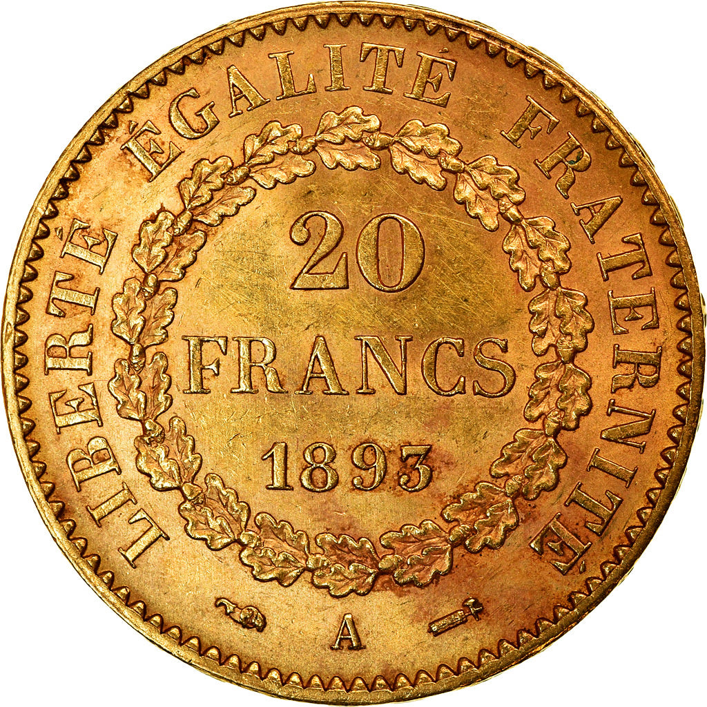 Moneta, Francja, Génie, 20 Francs, 1893, Paris, AU(55-58), Złoto, KM:825