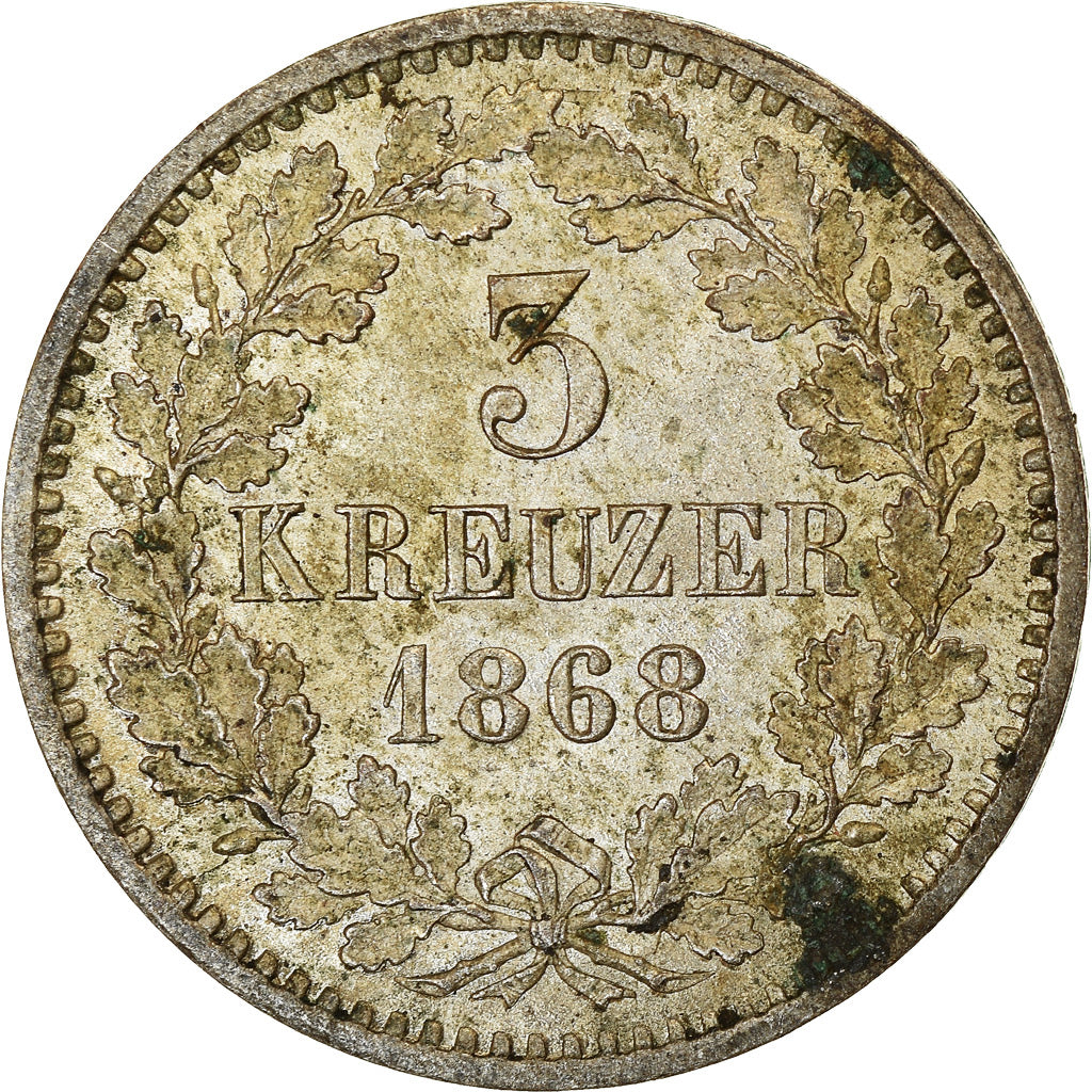 Coin, German States, BADEN, Friedrich I, 3 Kreuzer, 1868, AU(50-53), Silver