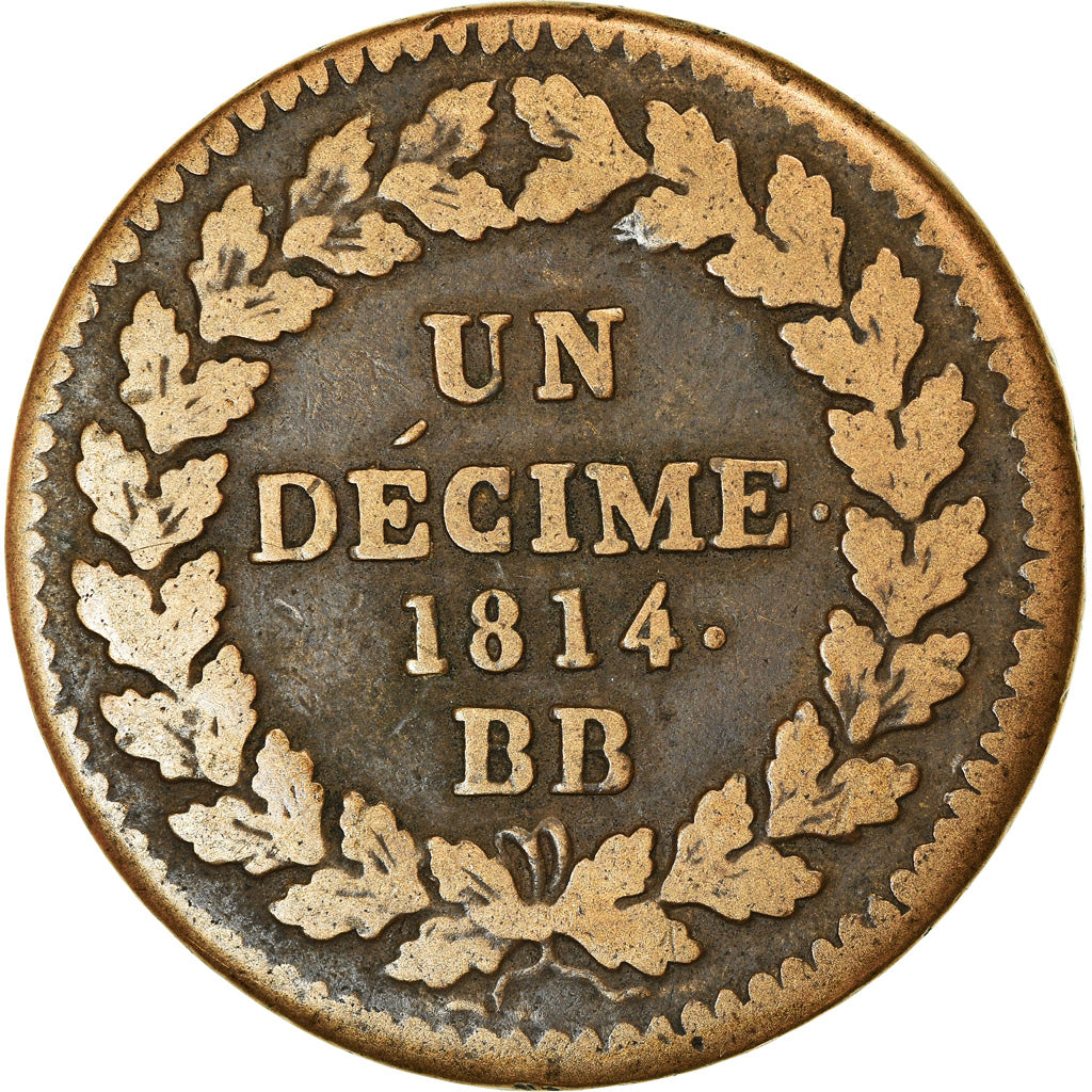 Moneta, Francia, Louis XVIII, Decime, 1814, Strasbourg, MB+, Bronzo, KM:701