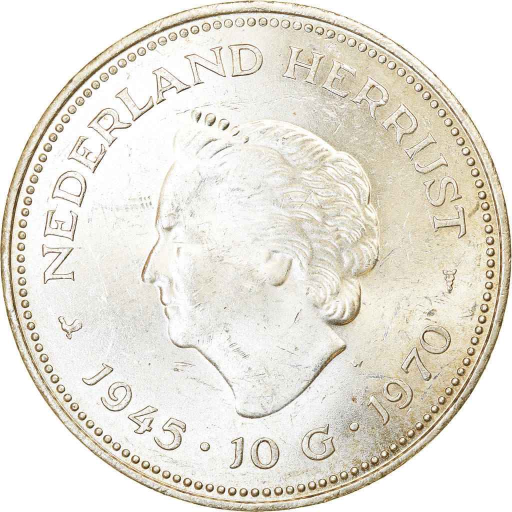 Coin, Netherlands, Juliana, 10 Gulden, 1970, AU(50-53), Silver, KM:195