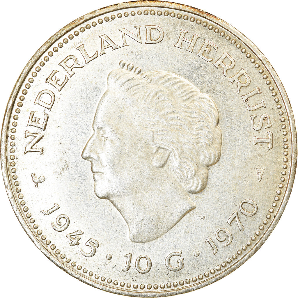 Coin, Netherlands, Juliana, 10 Gulden, 1970, AU(50-53), Silver, KM:195