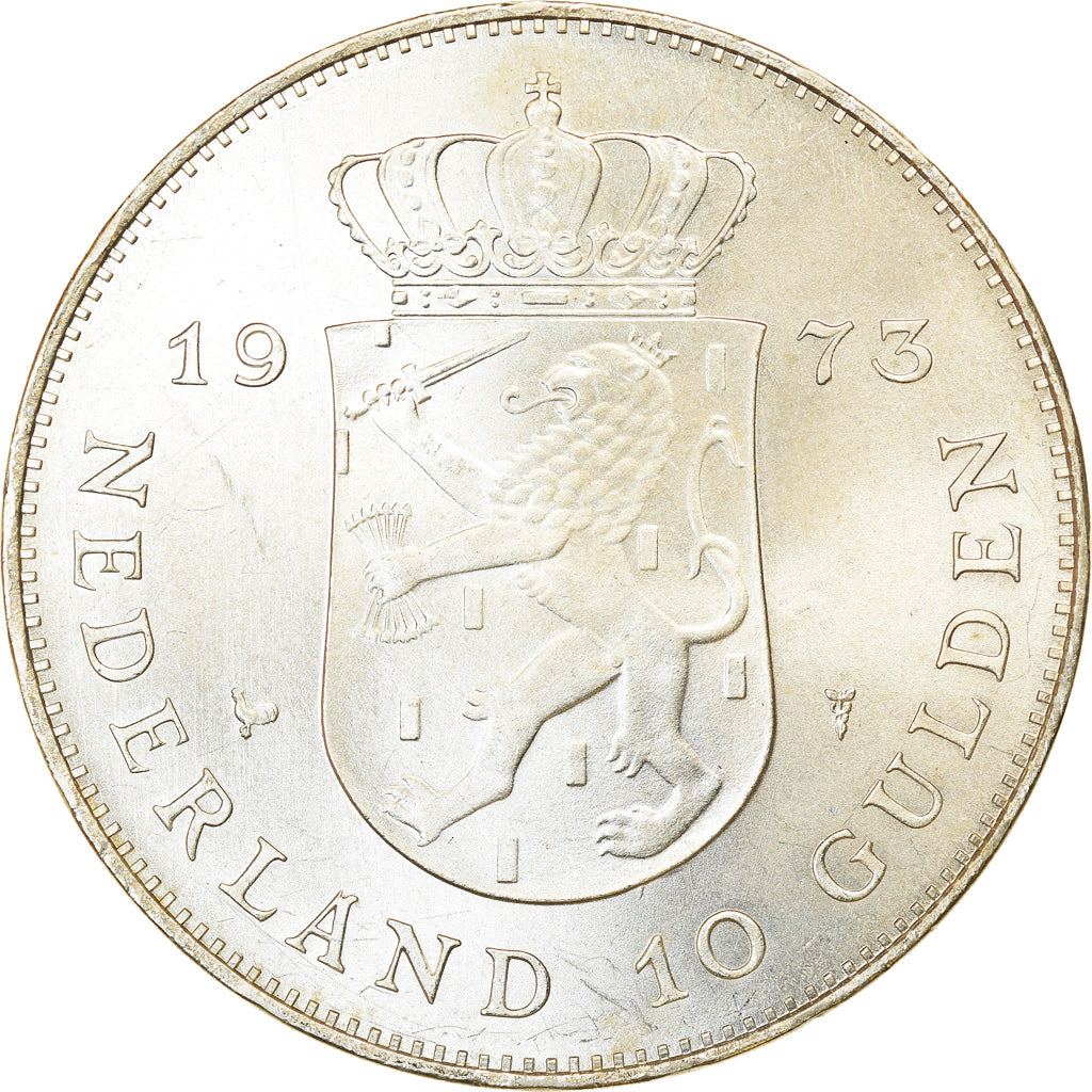 Coin, Netherlands, Juliana, 10 Gulden, 1973, Utrecht, AU(55-58), Silver, KM:196