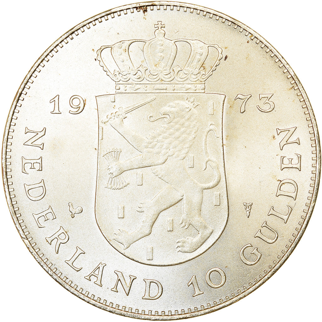 Coin, Netherlands, Juliana, 10 Gulden, 1973, Utrecht, AU(55-58), Silver, KM:196