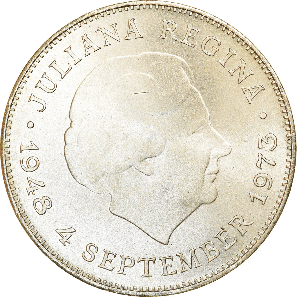 Coin, Netherlands, Juliana, 10 Gulden, 1973, Utrecht, MS(60-62), Silver, KM:196