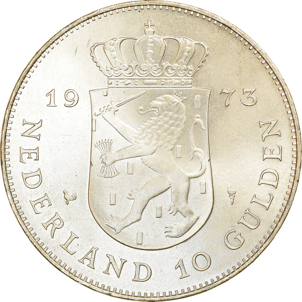 Coin, Netherlands, Juliana, 10 Gulden, 1973, Utrecht, MS(60-62), Silver, KM:196