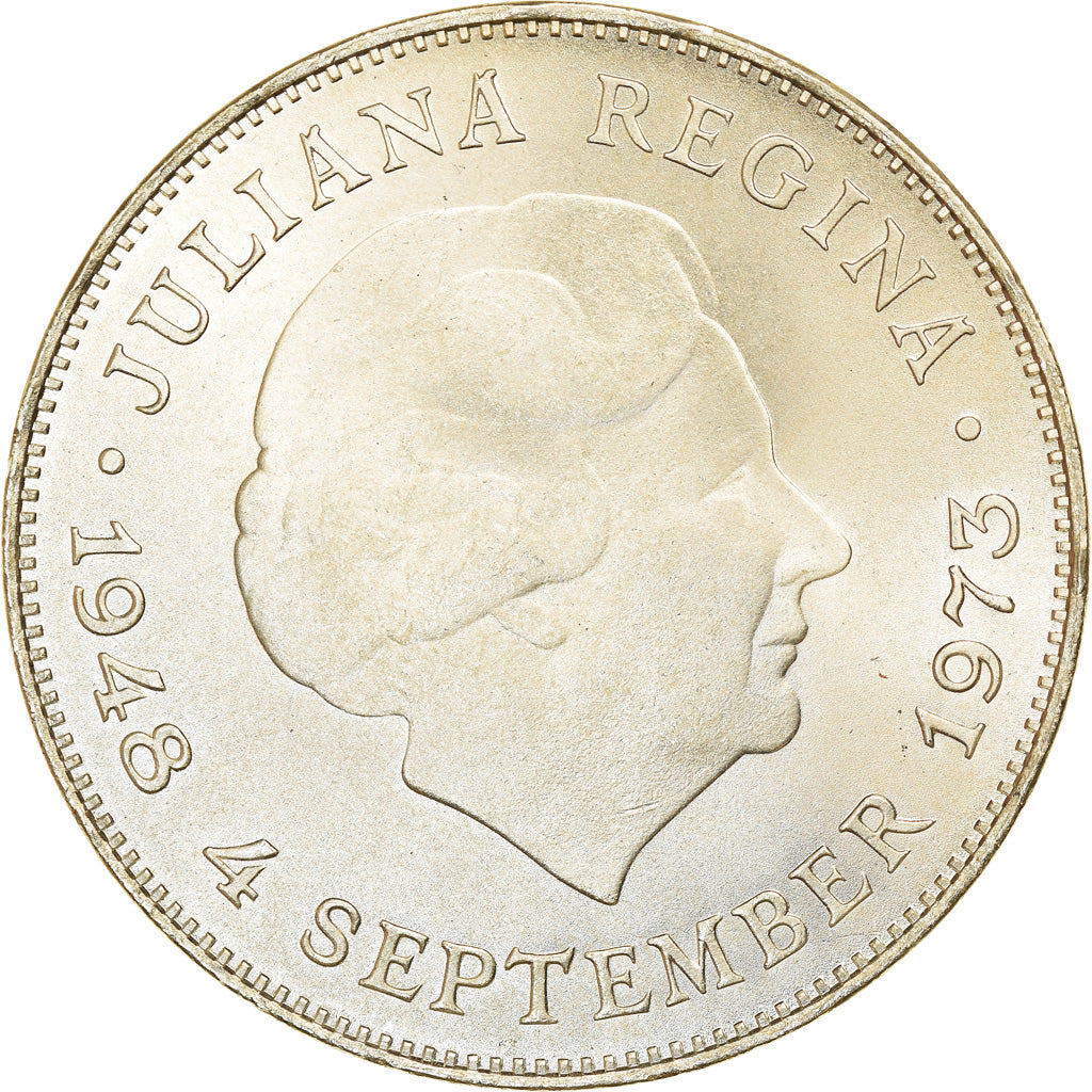 Coin, Netherlands, Juliana, 10 Gulden, 1973, Utrecht, MS(60-62), Silver, KM:196