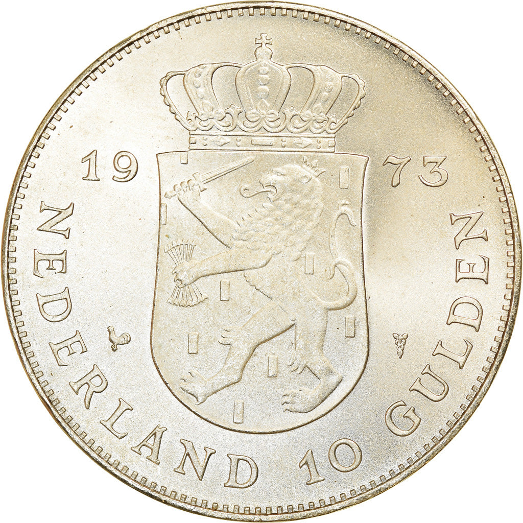 Coin, Netherlands, Juliana, 10 Gulden, 1973, Utrecht, MS(60-62), Silver, KM:196
