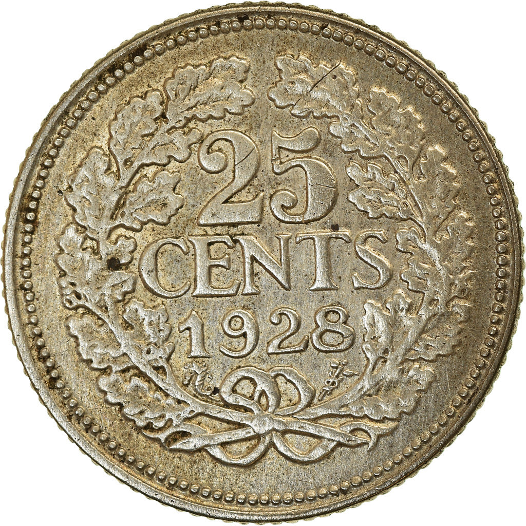 Coin, Netherlands, Wilhelmina I, 25 Cents, 1928, AU(50-53), Silver, KM:164