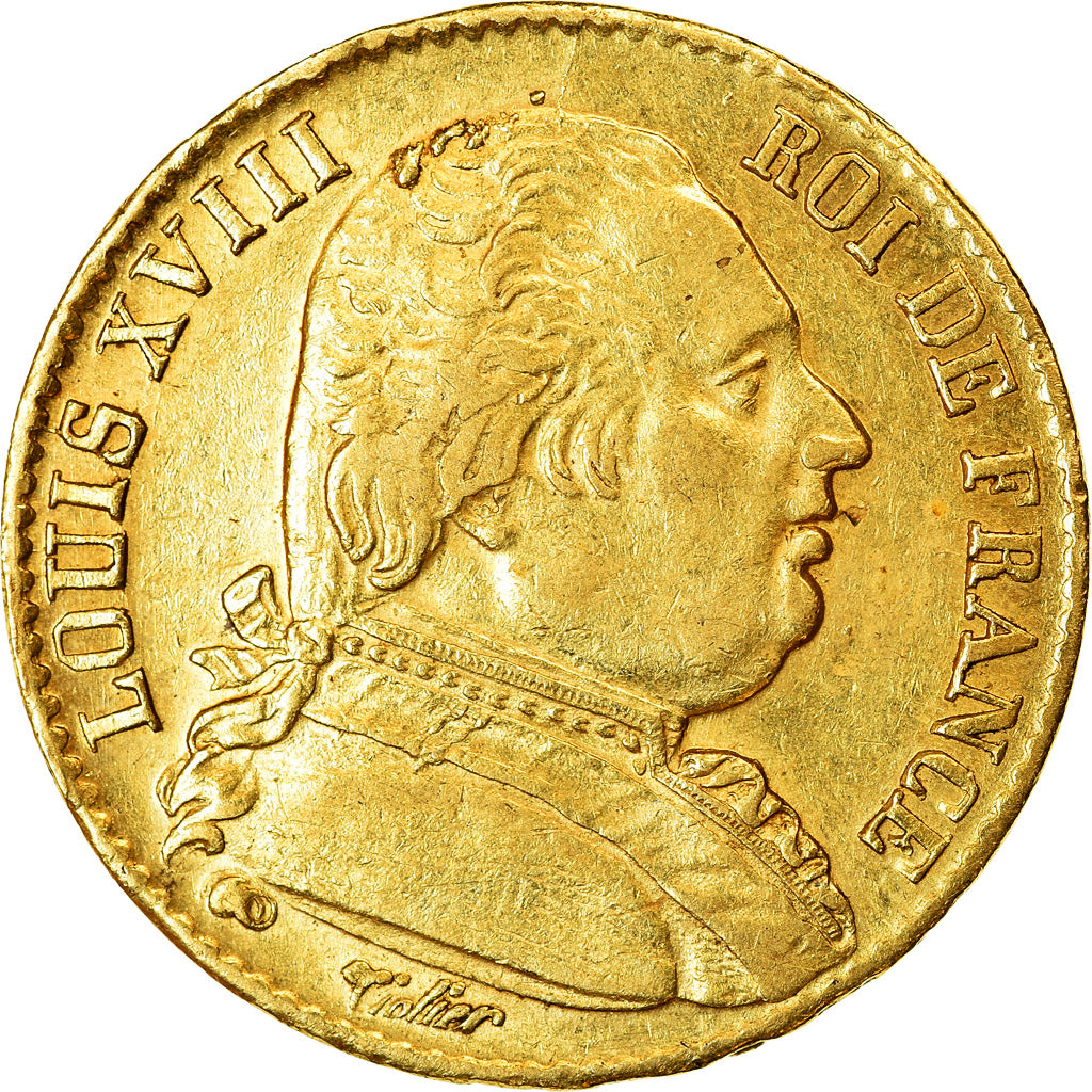 Coin, France, Louis XVIII, Louis XVIII, 20 Francs, 1814, Paris, AU(50-53), Gold