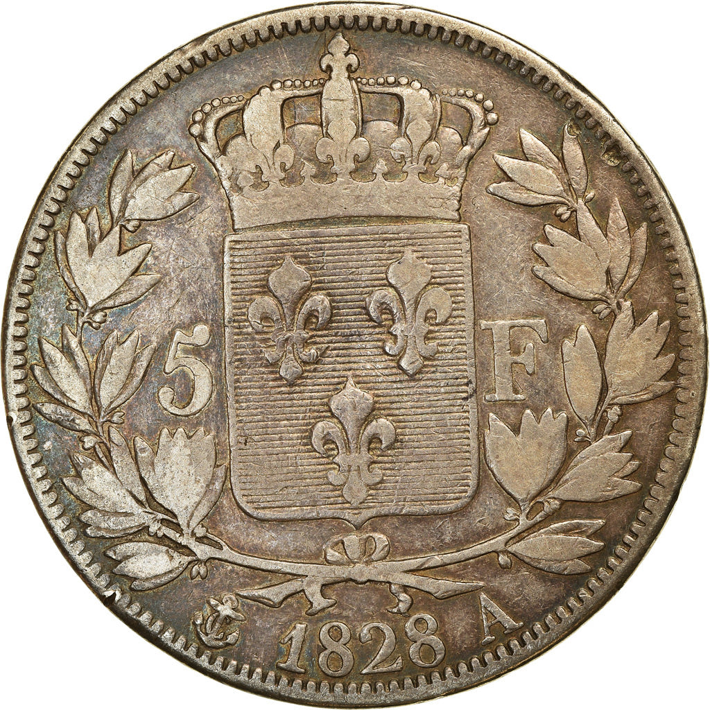 Moneta, Francia, Charles X, 5 Francs, 1828, Paris, MB, Argento, KM:728.1