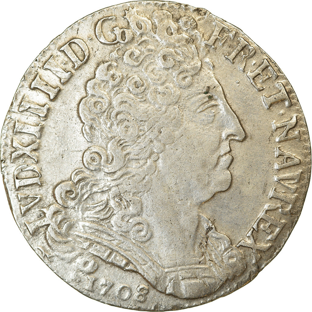 Moneta, Francia, Louis XIV, 20 Sols aux insignes, 1/4 Ecu, 1708, Rouen, MB+