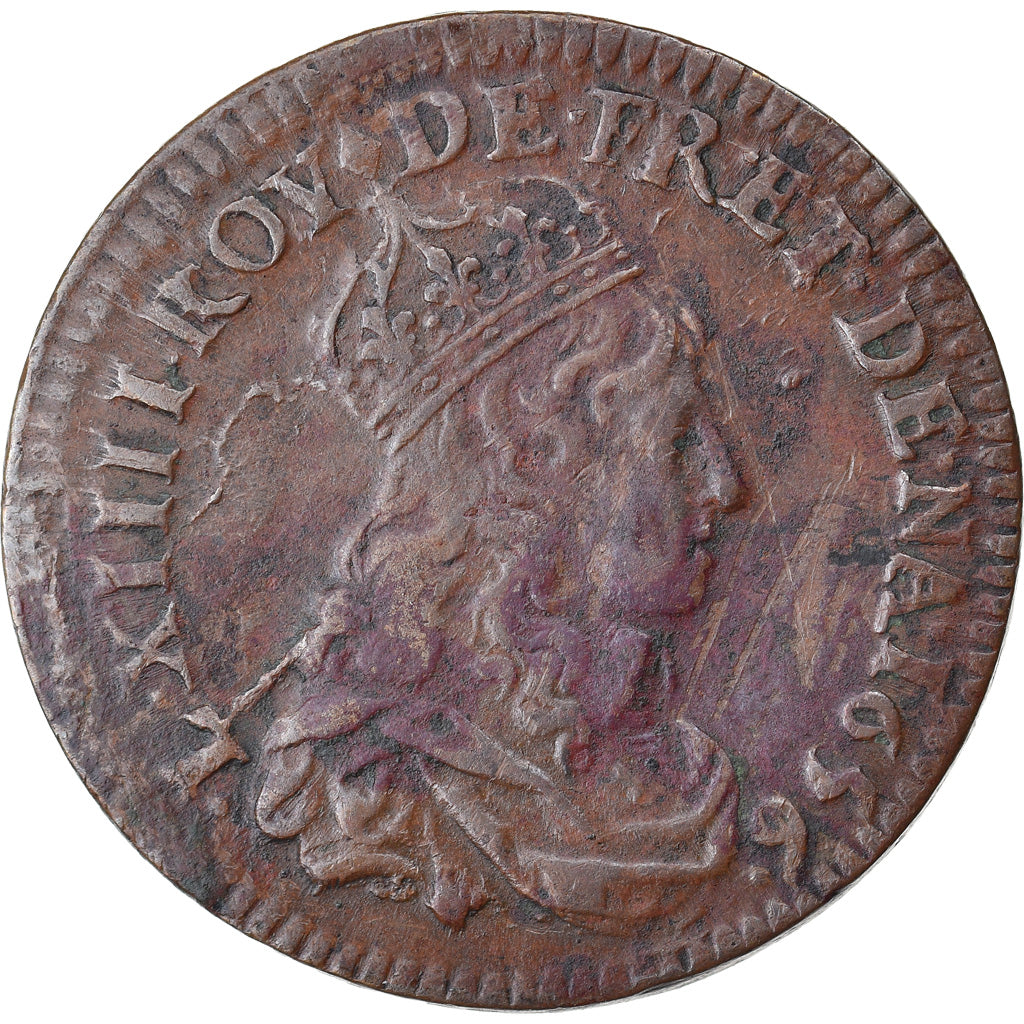 Moneda, Francia, Louis XIV, Liard de France, 1656, Vimy, MBC, Cobre, Gadoury:80