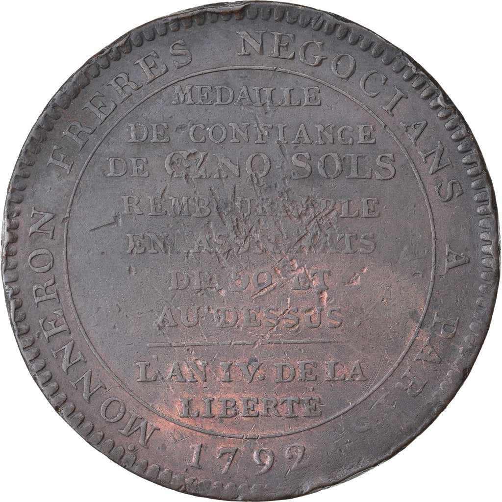 Monnaie, France, Monneron, 5 Sols, 1792, Paris, TB+, Bronze