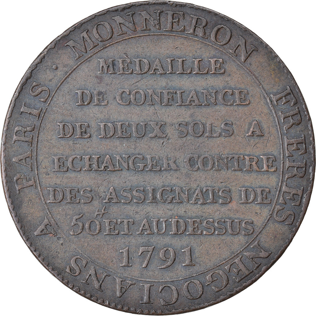 Coin, France, Monneron, 2 Sols, 1791, Birmingham, EF(40-45), Bronze, KM:Tn23