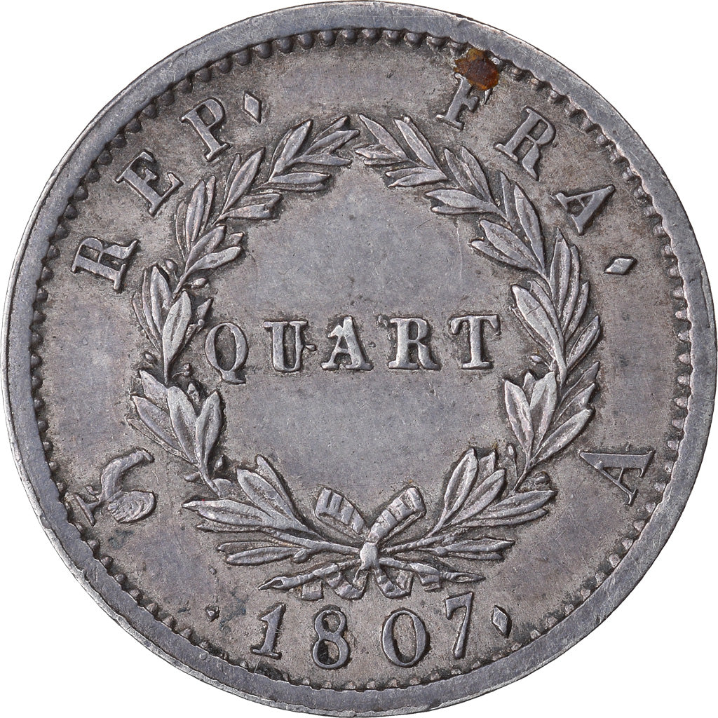 Moneda, Francia, Napoléon I, 1/4 Franc, 1807, Paris, MBC+, Plata, KM:677
