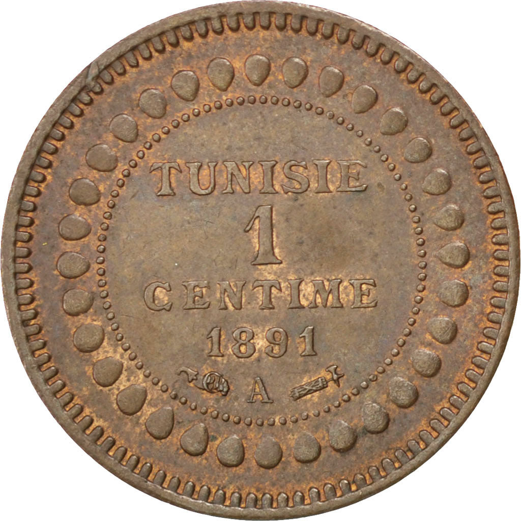 TUNISIA, Centime, 1891, Paris, KM #219, AU(55-58), Bronze, 15, 1.00