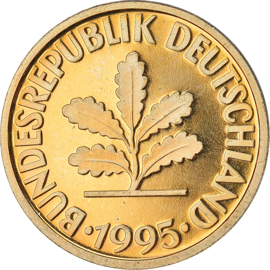 Moneta, Niemcy - RFN, 10 Pfennig, 1995, Stuttgart, Proof, MS(65-70), Mosiądz