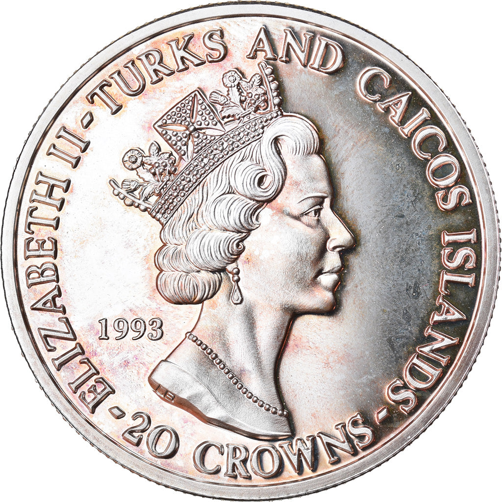 Coin, TURKS & CAICOS ISLANDS, 20 Crowns, 1993, Proof, MS(65-70), Silver, KM:Pn1