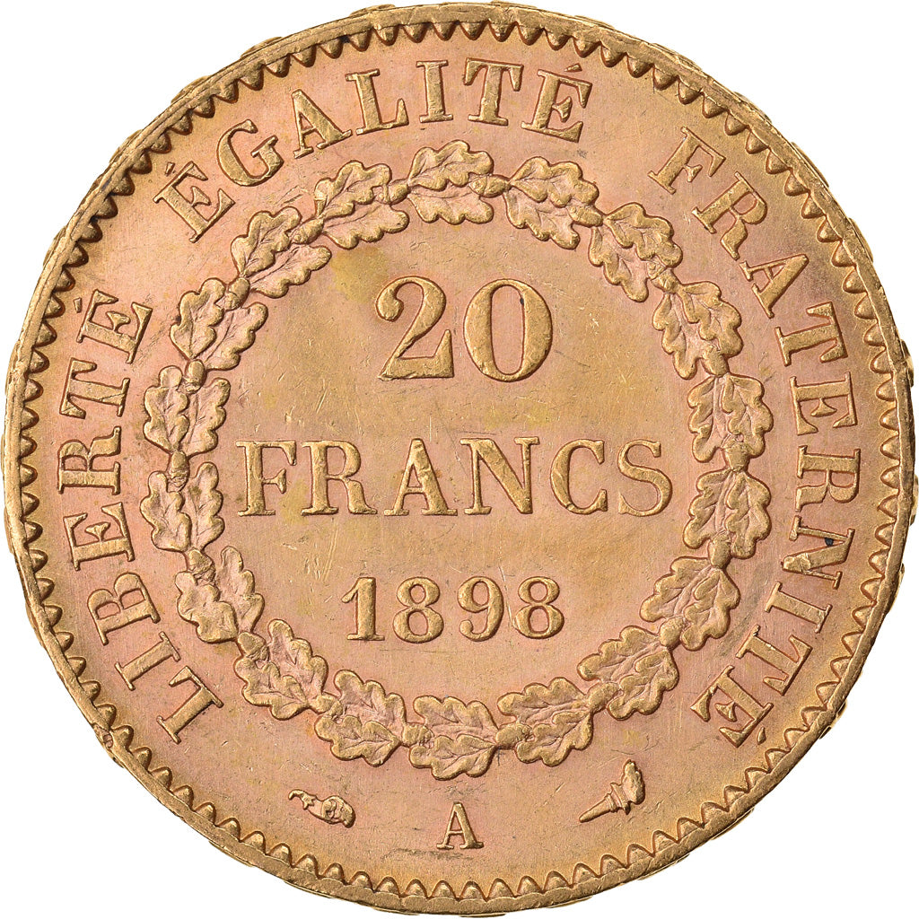 Moeda, França, Génie, 20 Francs, 1898, Paris, MS(63), Dourado, KM:825