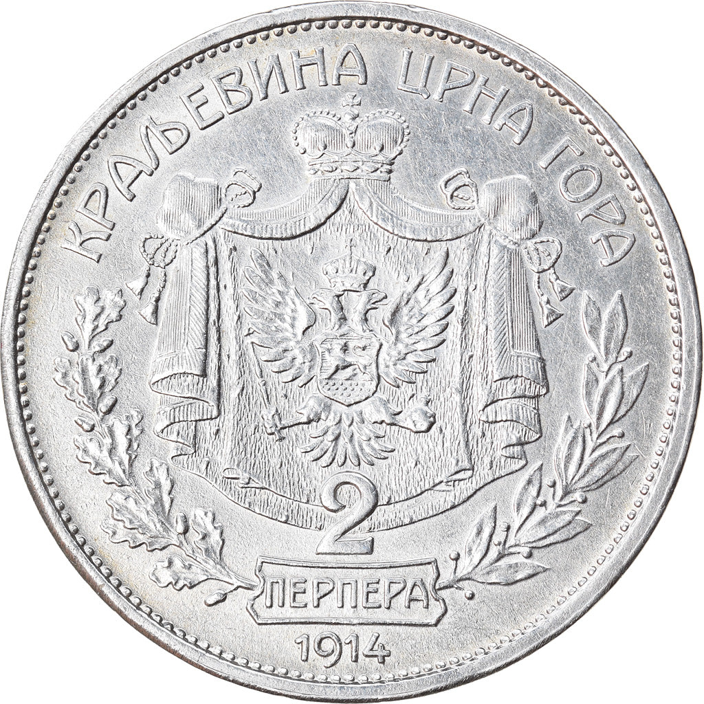 Moneda, Montenegro, Nicholas I, 2 Perpera, 1914, EBC+, Plata, KM:20