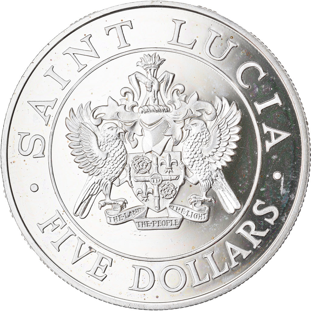 Moeda, Santa Lúcia, 5 Dollars, 1986, Proof, MS(65-70), Prata, KM:14A