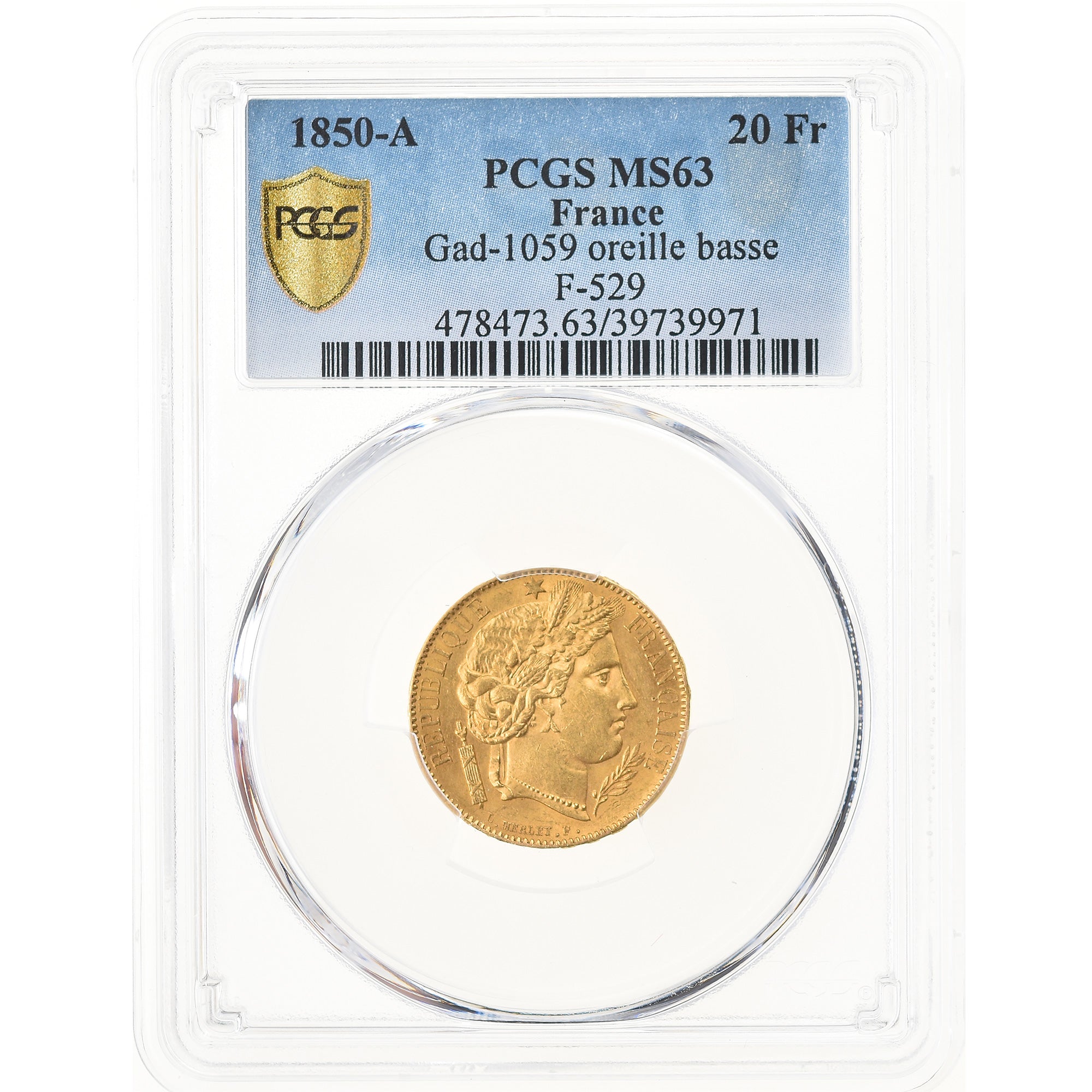 Coin, France, Cérès, 20 Francs, 1850, Paris, PCGS, MS63, MS(63), Gold, KM:762